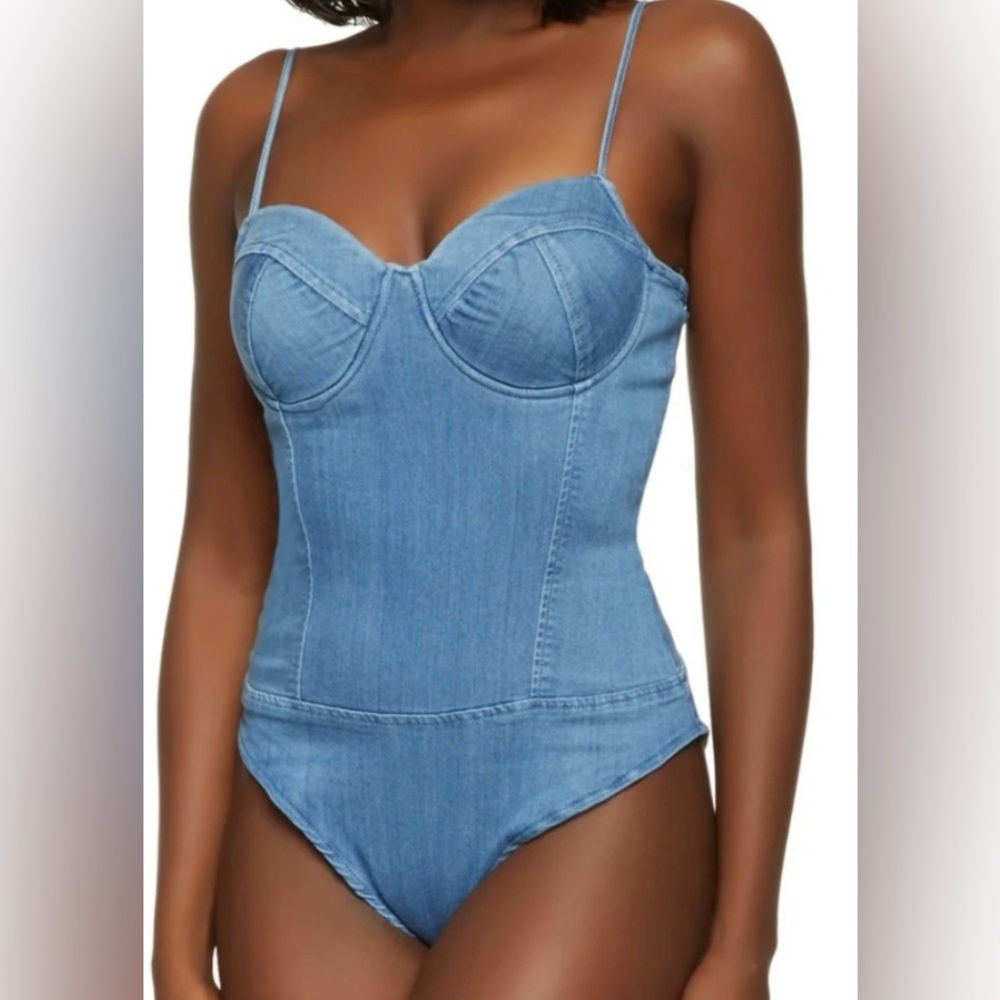 Women's Denim Bodysuit Spagetthi Strap Large